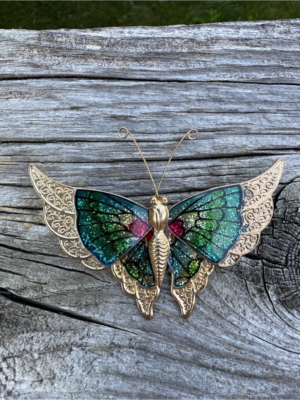 Gold Tone Metal Glitter Butterfly Brooch Pin - Green, Pink Fairy Core